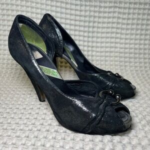 Guillaume Hinfray VintagebBlack Glitter Suede Peep Toe Stiletto Heels Italy 37.5